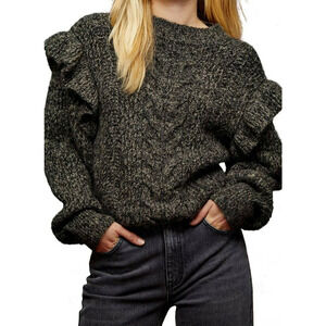 Topshop Cable Knit Ruffle Sleeve Pullover Sweater Size 0-2 Charcoal Gray NWT